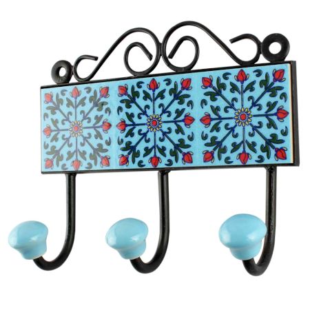 Turquoise Floral Ceramic Tile Hook